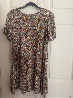 LOFT Black Short-Sleeve Floral Swing Dress with Pink & Yellow Blossoms